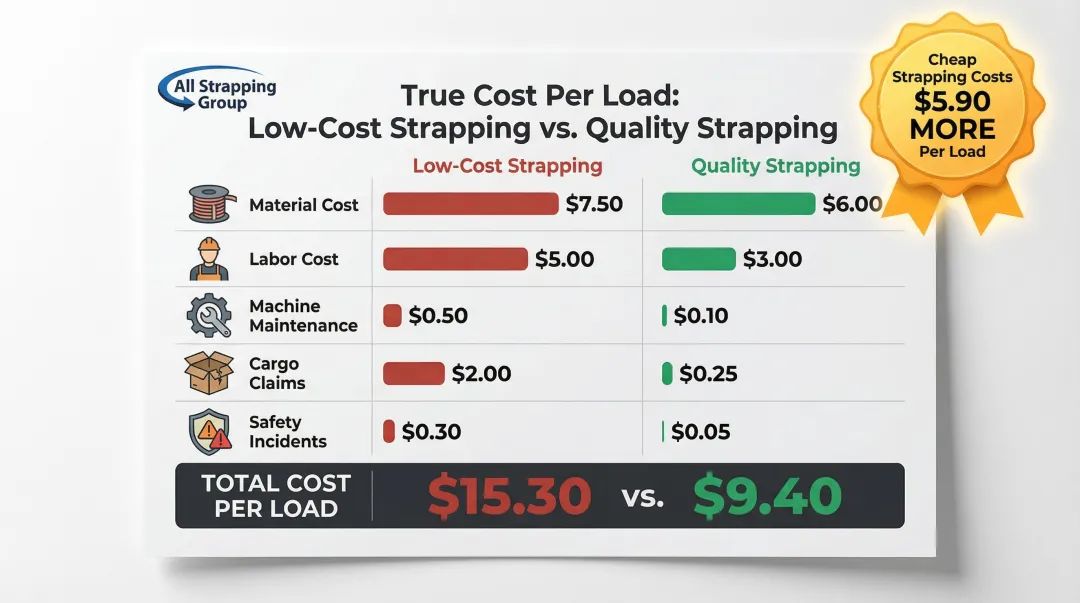 Side-by-side TCO comparison low-cost versus quality strapping cost per load breakdown