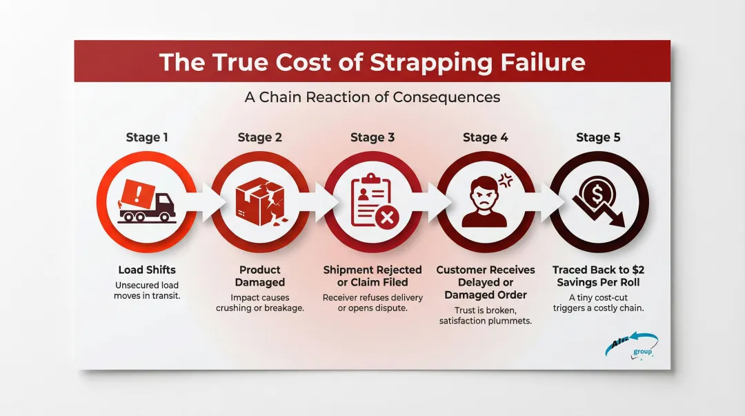 5-step strapping failure chain reaction from load shift to financial loss