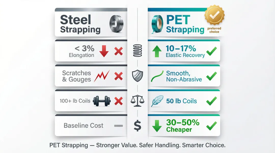 PET versus steel strapping four-dimension comparison for metal coil applications