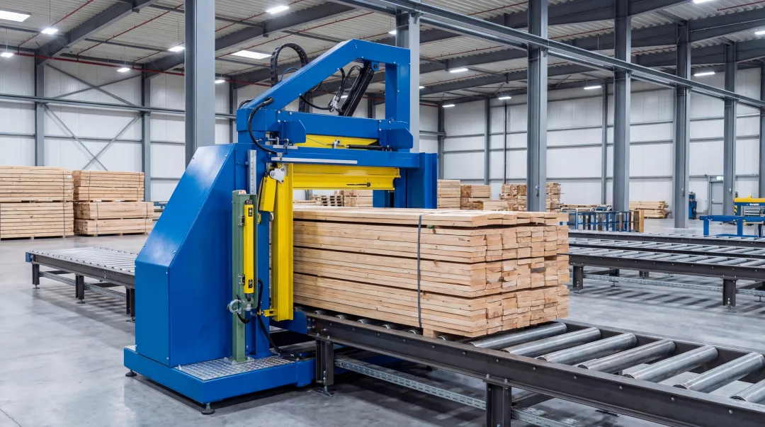 Automatic arch strapping machine bundling lumber at high-volume production station