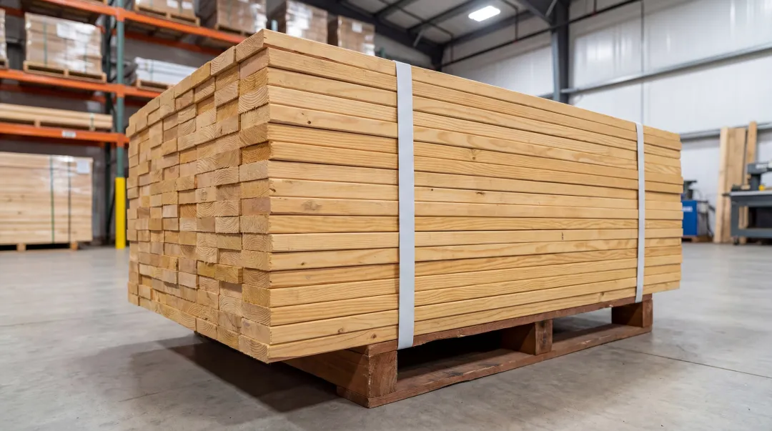 Polyester PET strapping securing heavy lumber bundle on pallet