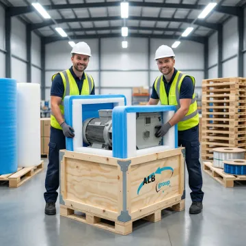 Industrial machinery being professionally crated for export shipping