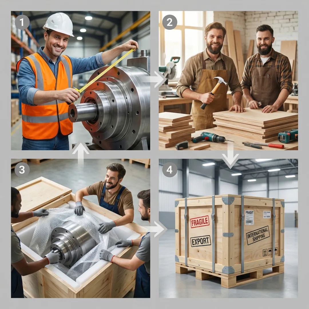 Step-by-step machinery crating process in industrial facility