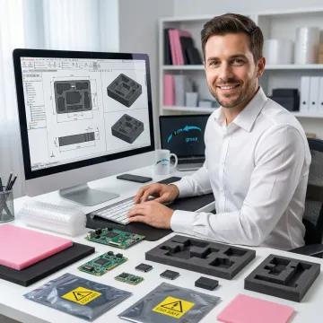 Engineer designing custom protective packaging solution for electronic devices