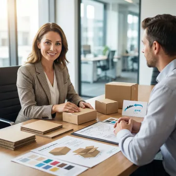 Custom packaging design consultation with industrial boxes and material samples