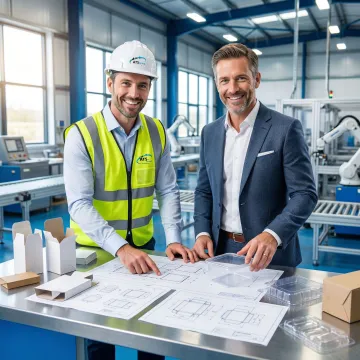 Industrial packaging engineer designing custom conveyor system with client