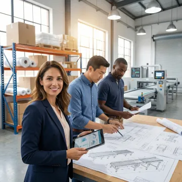 Engineers designing custom packaging solution with industrial equipment and conveyor systems