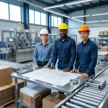 Engineers reviewing custom conveyor system blueprints with packaging materials
