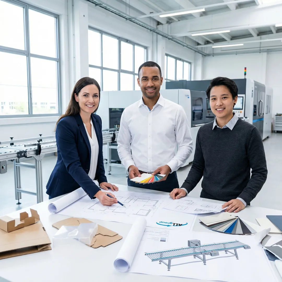 Engineers designing custom packaging solutions with technical blueprints