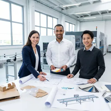 Engineers designing custom packaging solutions with technical blueprints