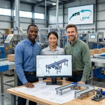 Engineering team designing custom packaging and conveyor solutions in a modern facility