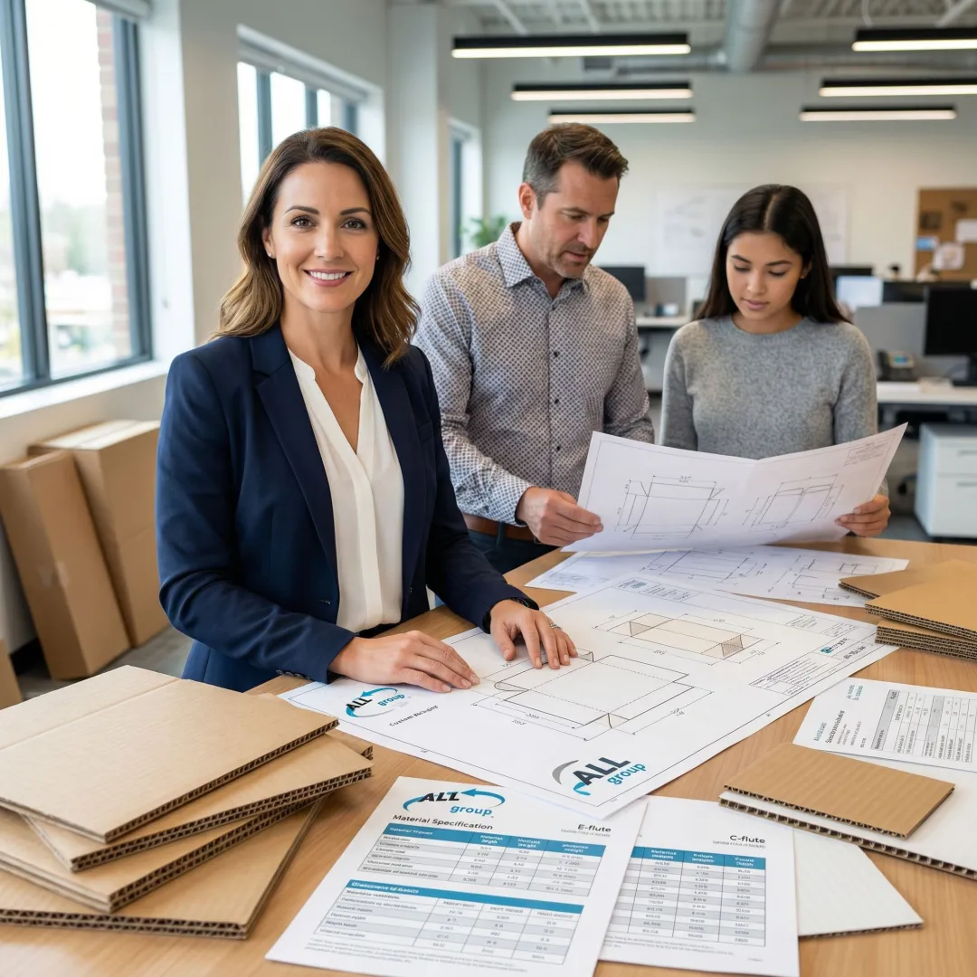 Custom packaging design consultation with engineering blueprints and material samples