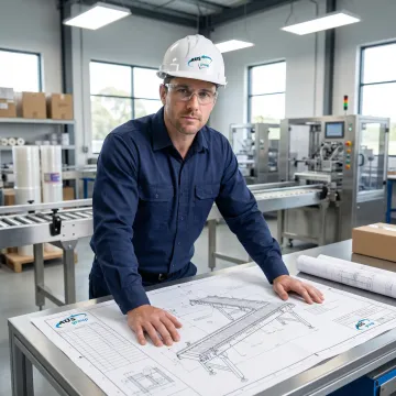 Engineer reviewing custom conveyor system designs with packaging materials