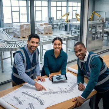 Engineering team designing custom conveyor system with industrial packaging materials