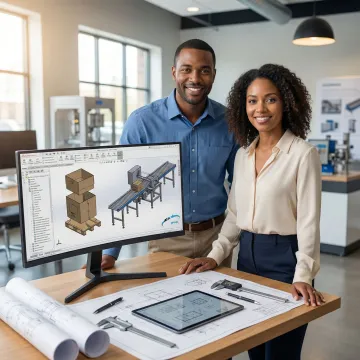 Engineering team designing custom packaging and conveyor solutions on computer screens