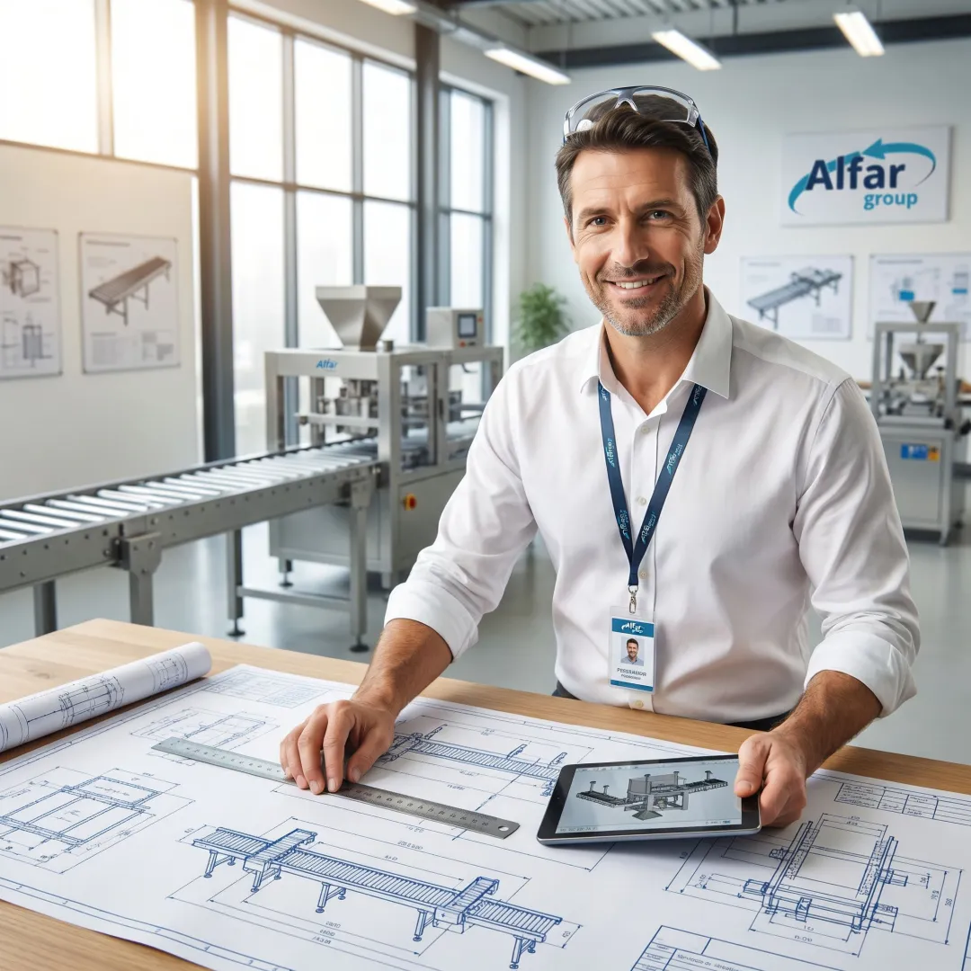 Custom packaging engineer designing specialized conveyor and material handling systems