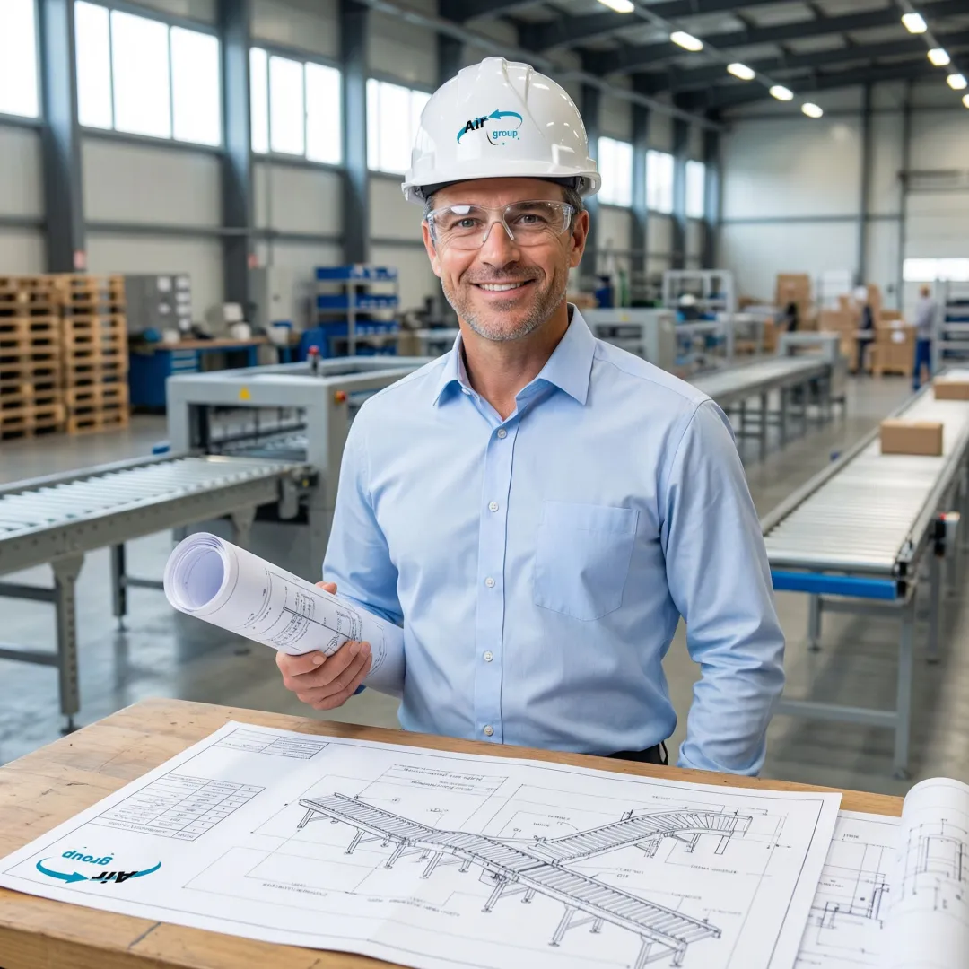 Engineer reviewing custom conveyor system blueprints in industrial facility