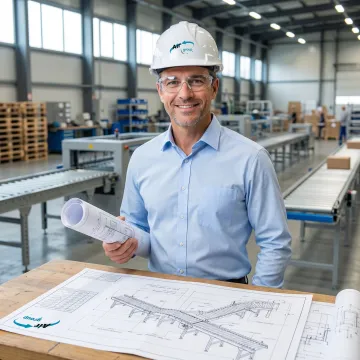 Engineer reviewing custom conveyor system blueprints in industrial facility