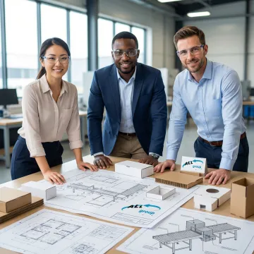 Engineering team designing custom packaging and conveyor solutions