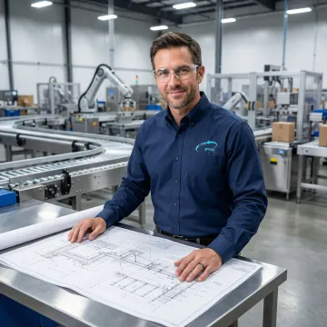Engineer reviewing custom packaging design plans with industrial equipment in background