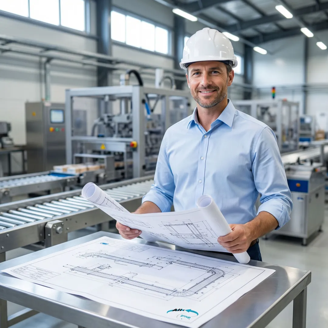 Engineer designing custom conveyor system with industrial packaging equipment