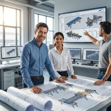 Engineers designing custom packaging and conveyor solutions at workstation