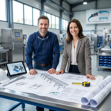 Engineer reviewing custom packaging system blueprints with client