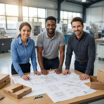 Engineering team designing custom packaging and conveyor systems for industrial clients