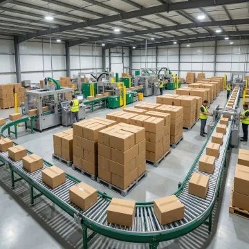 Custom industrial packaging solutions and conveyor systems in modern warehouse facility