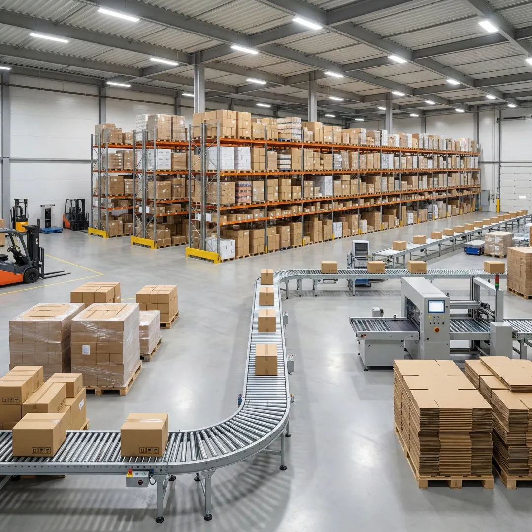 Industrial packaging warehouse with organized inventory and custom conveyor systems