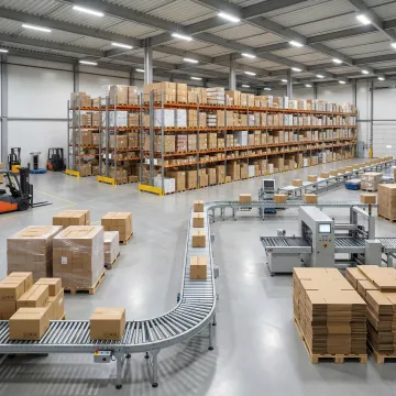 Industrial packaging warehouse with organized inventory and custom conveyor systems
