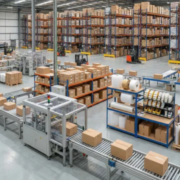 Modern industrial warehouse with organized packaging materials and automated conveyor systems