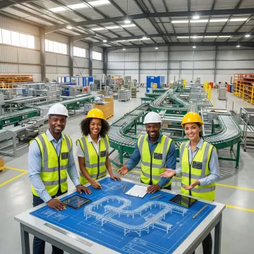 Engineers designing custom packaging and conveyor systems for industrial facility