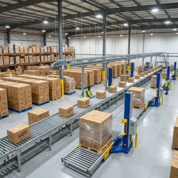 Custom packaging solutions and automated conveyor systems in modern warehouse facility