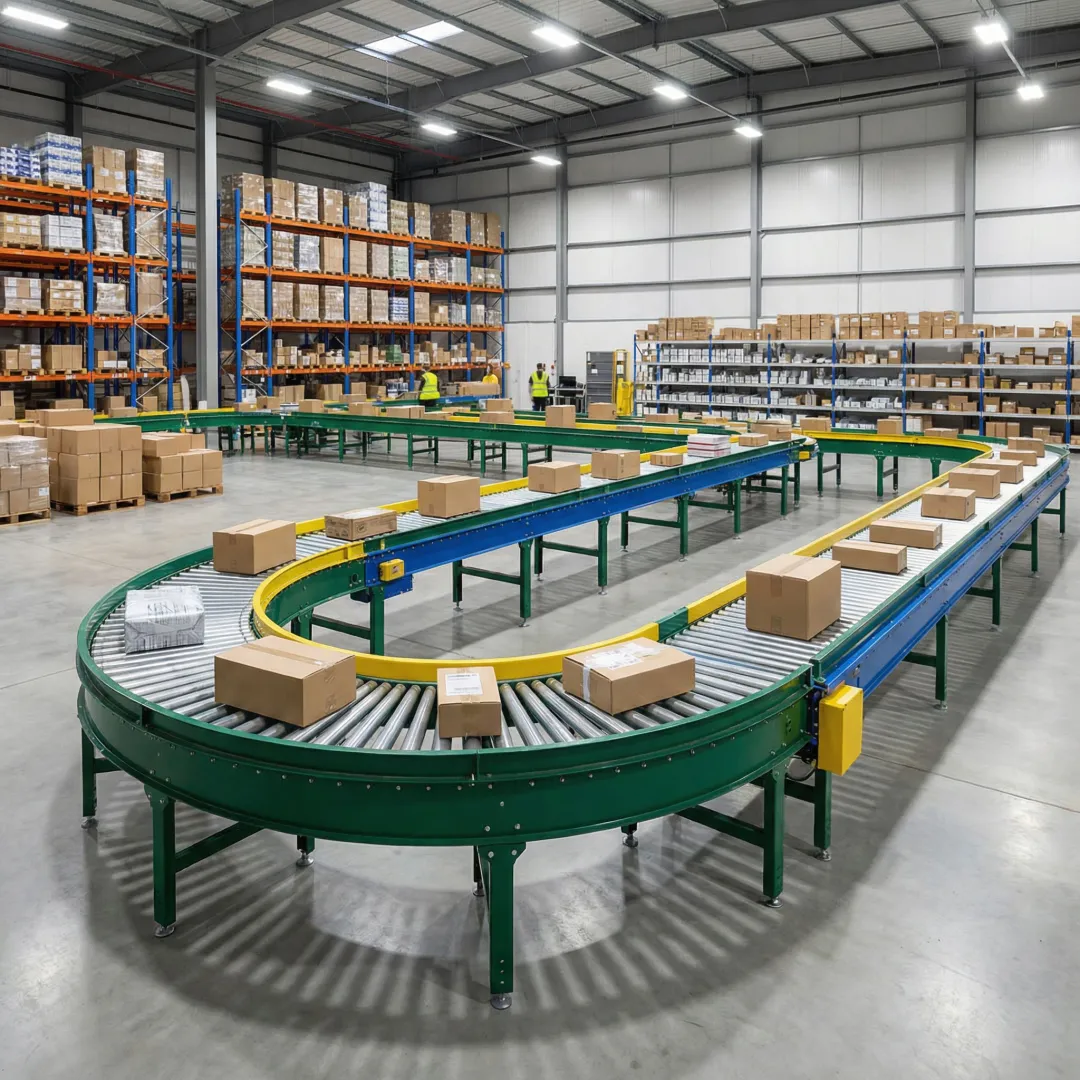 Custom engineered conveyor system with packaging materials in industrial setting