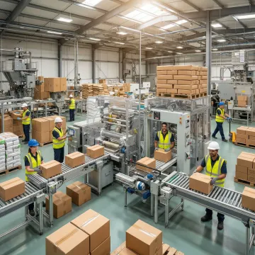 Industrial warehouse with custom packaging and conveyor systems in operation