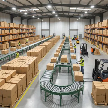 Custom packaging solutions with corrugated boxes and industrial materials in a modern warehouse