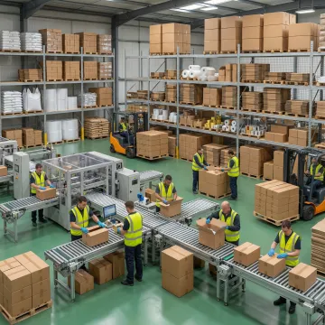 Industrial warehouse facility with organized packaging materials and conveyor systems