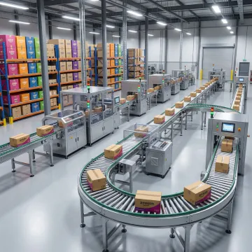 Industrial packaging facility with automated conveyor systems and organized inventory