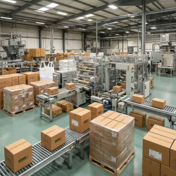 Custom packaging solutions and conveyor systems in modern warehouse facility