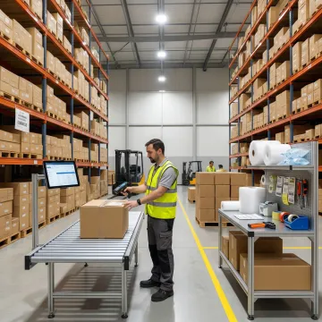 Warehouse worker organizing custom packaging materials on industrial shelving
