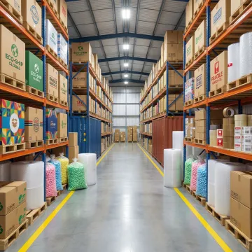 Custom corrugated boxes and packaging materials in a modern warehouse facility