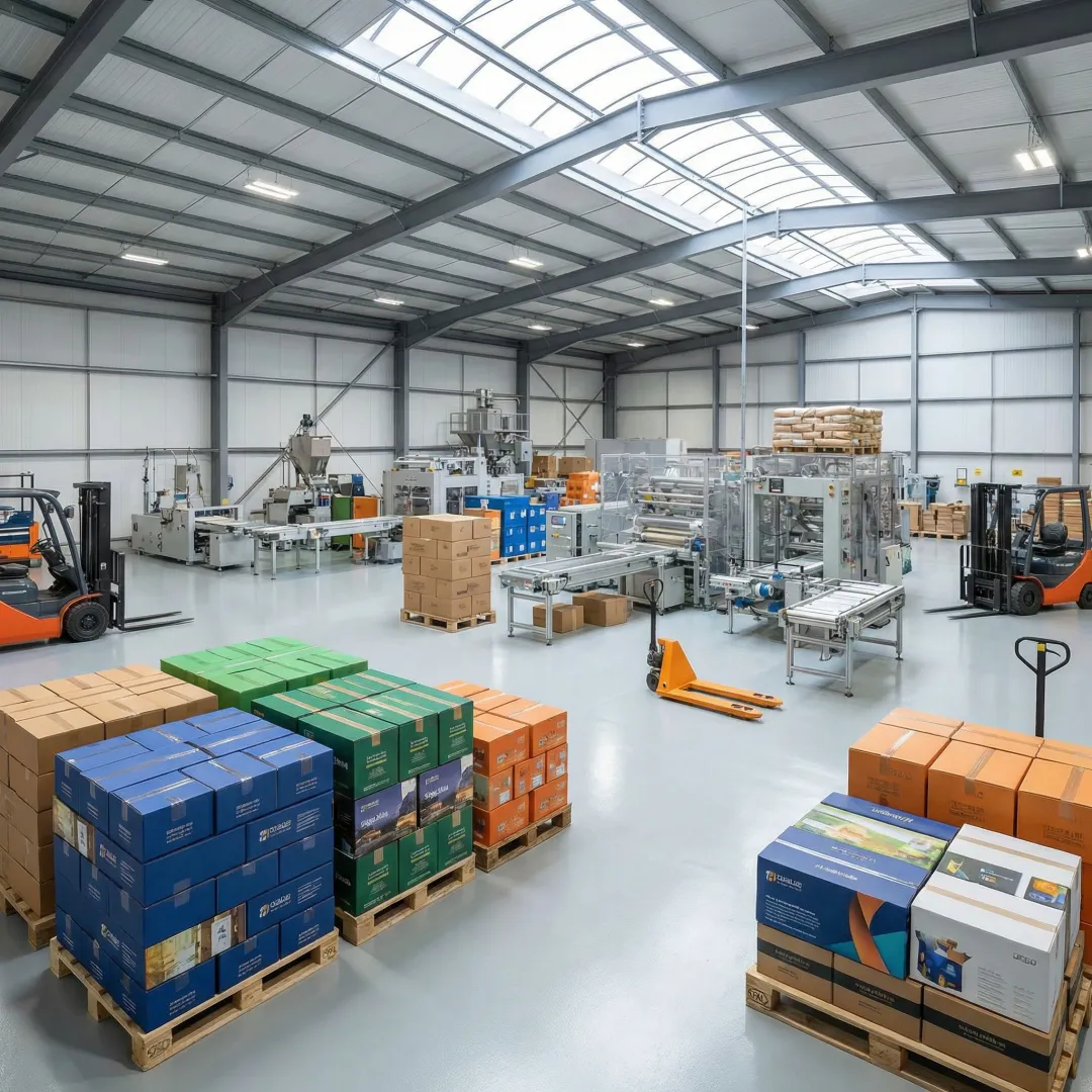 Custom industrial packaging solutions and conveyor systems in modern warehouse facility