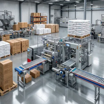 Custom engineered packaging and conveyor system in industrial facility