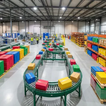 Custom packaging materials and automated conveyor equipment in modern distribution facility