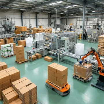 Custom industrial packaging solutions and automated conveyor systems in warehouse facility