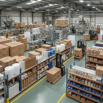 Custom packaging solutions warehouse with corrugated boxes and material handling equipment