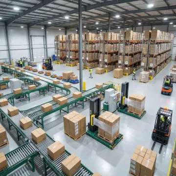 Modern industrial packaging facility with automated conveyor systems and organized inventory