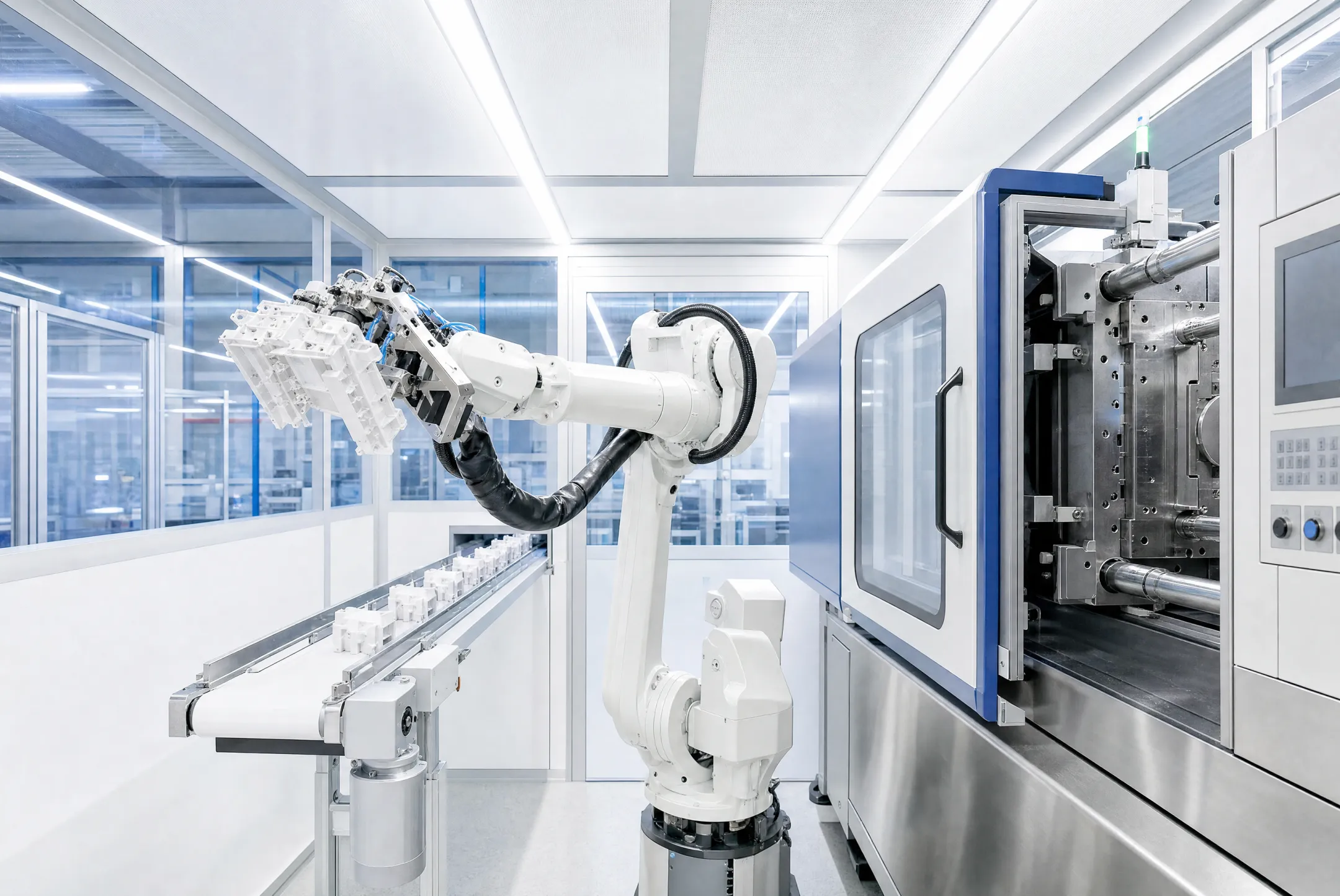 Robotic arm performing automated part extraction in cleanroom molding cell