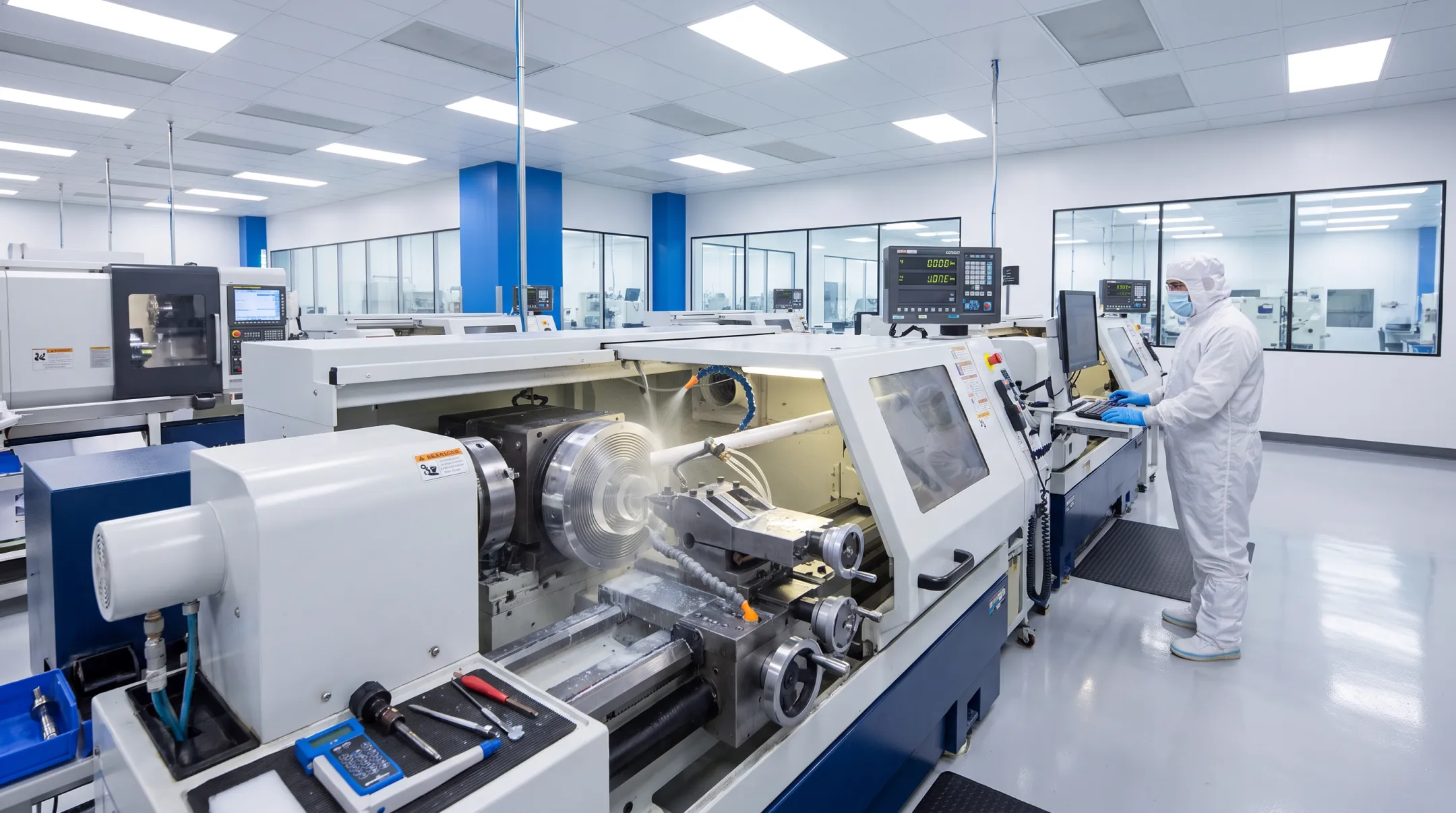 Precision diamond-turning lathe machining optical lens inserts in facility